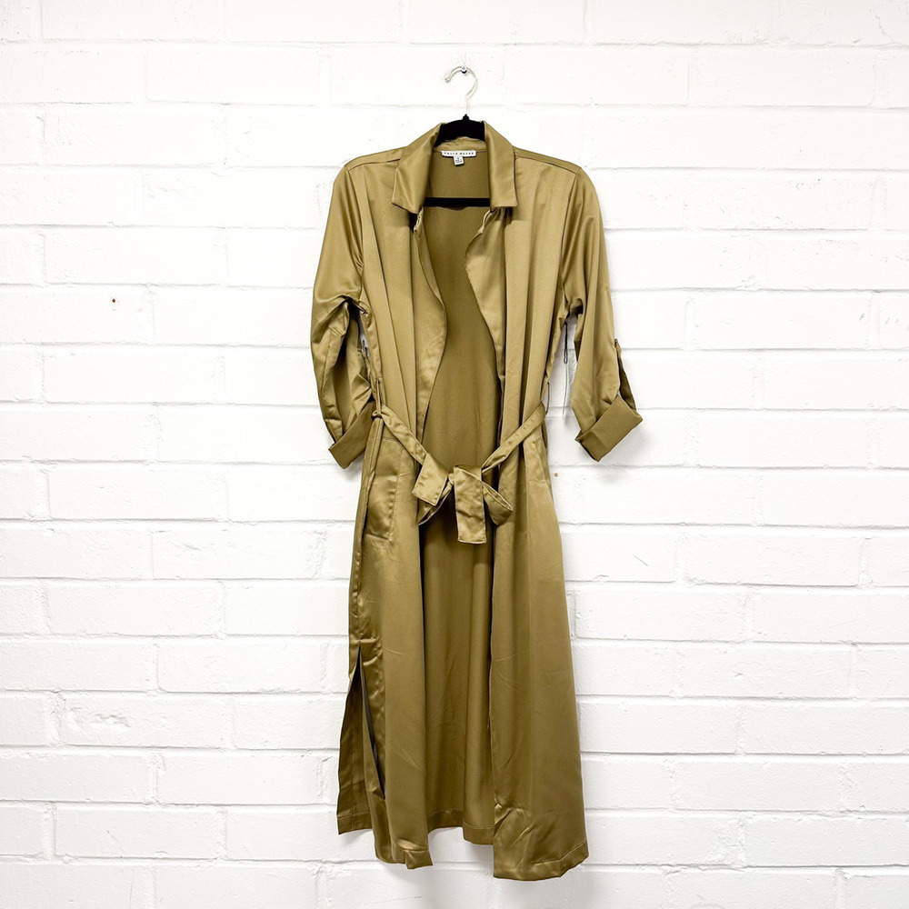 108 - Light Olive Satin Kimono Trench